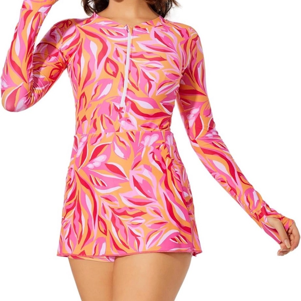 Women’s Pink & Orange Long-Sleeve Swim Coverup with Front Zip